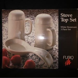 3 piece Set white Stoneware Salt & Pepper Shaker & Spoon Holder